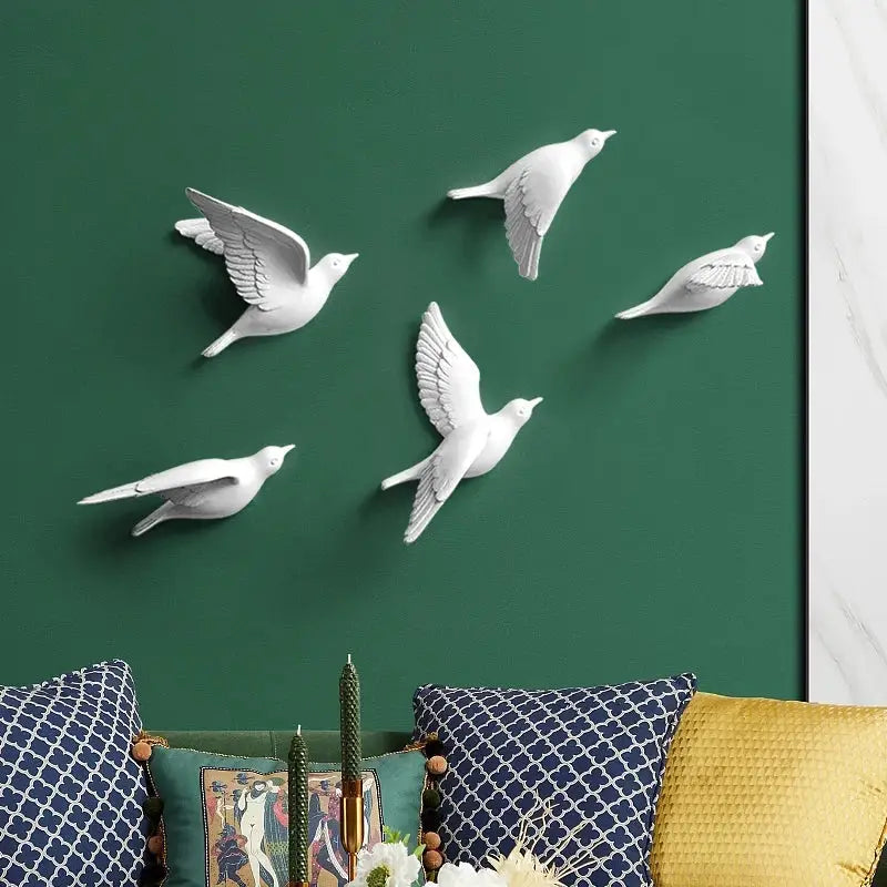 Modern gold and silver bird resin statue wall decor featuring white ceramic five flying doves for children’s room