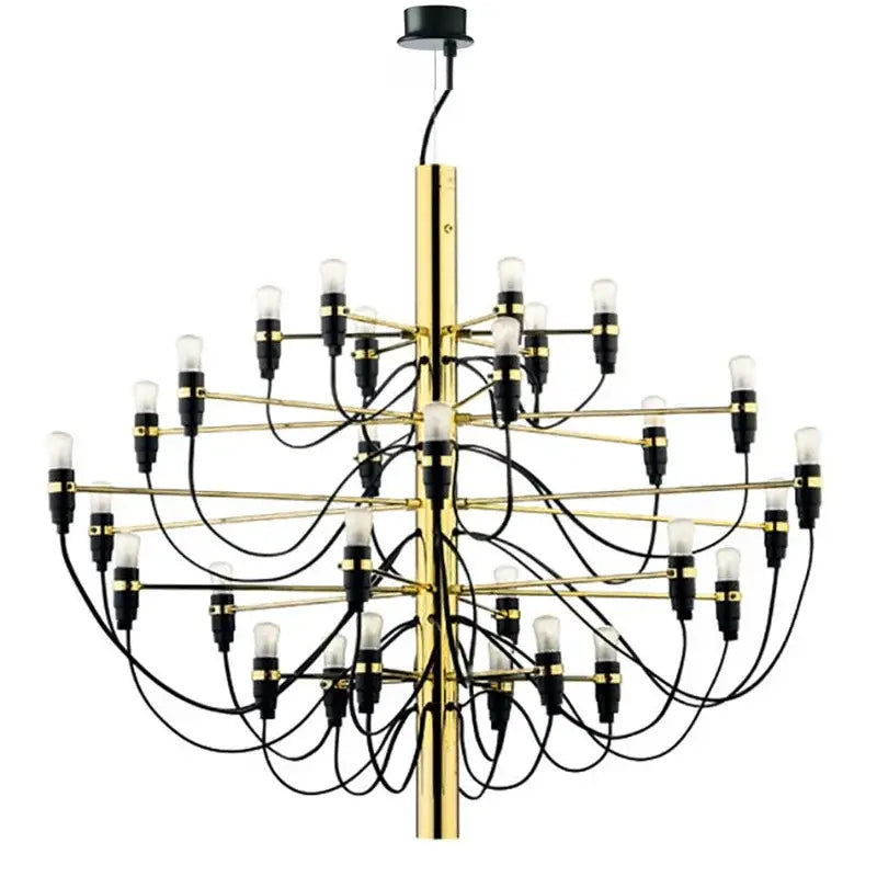 Modern gold and silver chandelier with gold-toned frame black accents and multiple exposed bulbs for living room use
