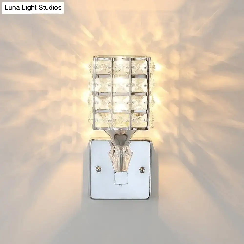 Modern gold and silver clear crystal light fixture with a crystal-encrusted square grid and sleek chrome base 110v-120v