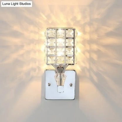 Modern gold and silver clear crystal light fixture with a crystal-encrusted square grid and sleek chrome base 110v-120v