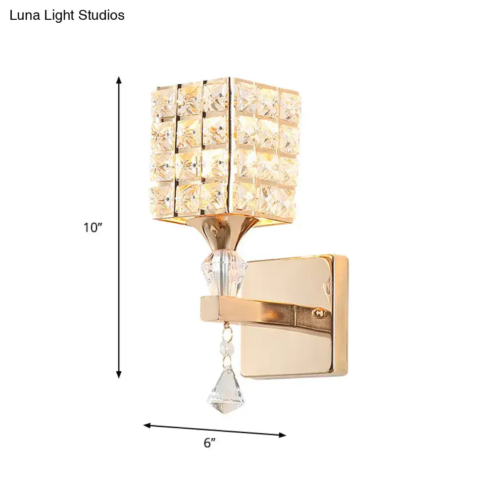 Modern gold light fixture with clear crystal square panel and dangling teardrop crystals for 110v-120v bedroom use