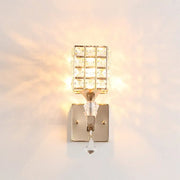 Modern gold and silver clear crystal wall light fixture with gold-toned square crystal grid and teardrop crystals 110v-120v