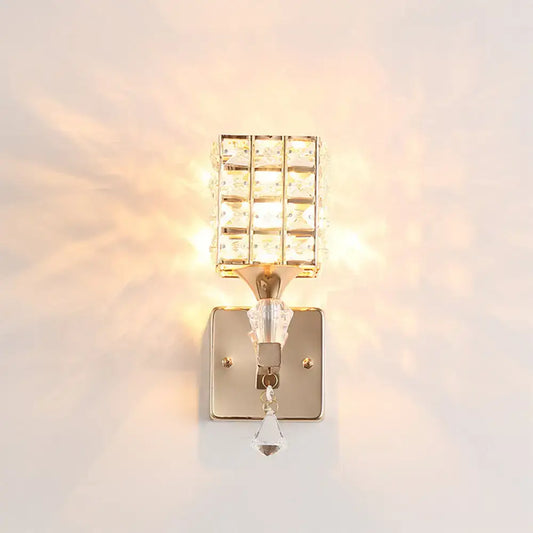 Modern gold and silver clear crystal wall light fixture with gold-toned square crystal grid and teardrop crystals 110v-120v