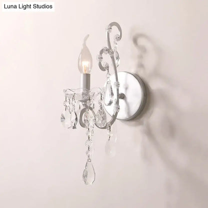 Elegant silver-toned sconce light with crystal drop teardrops and beads for modern living room decor inch fixture