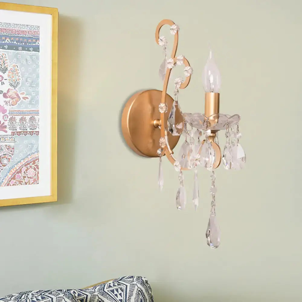Modern gold and silver crystal drop sconce light with clear crystal droplets and beads for living room decor