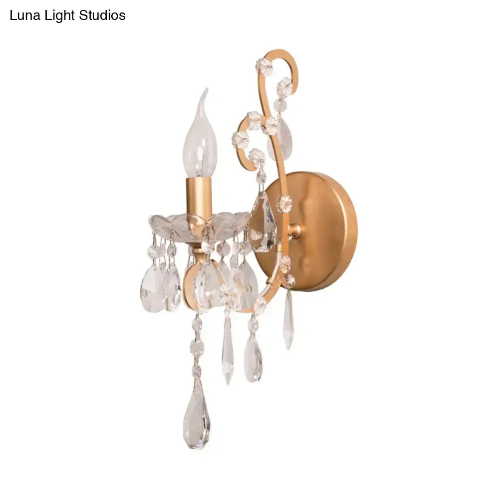 Modern gold sconce light with clear crystal drop beads and droplets decorative 12 inch fixture for living room decor