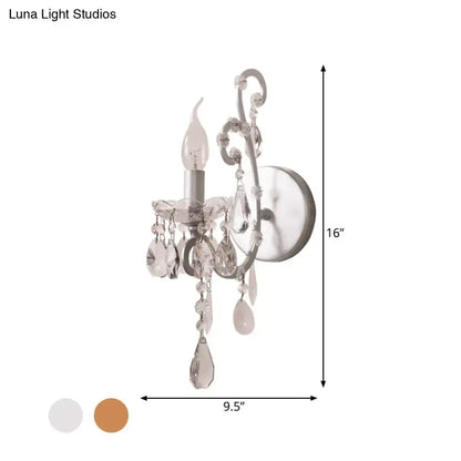 Silver-toned crystal drop sconce light with teardrop and round crystals for modern living room decor inch fixture