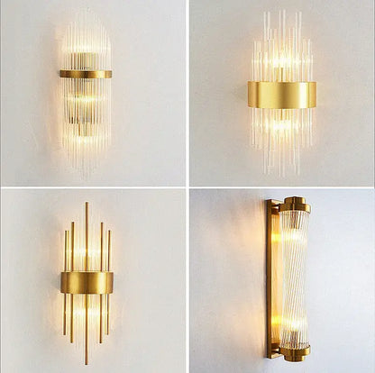 Modern gold and silver crystal wall lamp featuring gold-finished wall sconces with clear glass prism cascades decorbites crystal wall