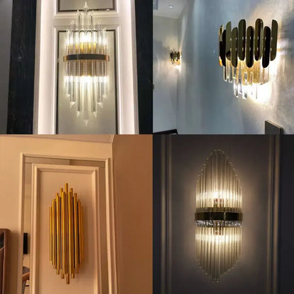 Modern gold and black metal wall lamp with decorbites crystal wall prisms for elegant bedroom sconce lighting