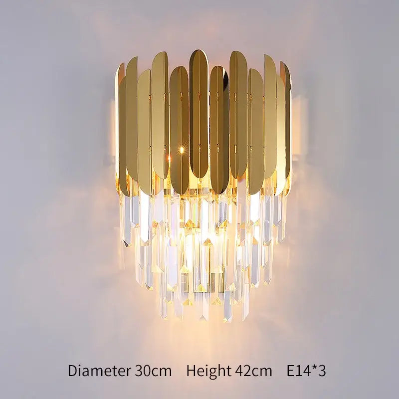 Modern gold wall lamp with cascading crystal prisms designed as a decorbites crystal wall lamp for bedroom use
