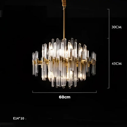 A modern gold and silver e14 led crystal pendant light with clear glass rods in a circular brass frame for dining room