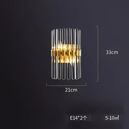 Gold-toned wall sconce with vertical clear glass rods in modern cylindrical design for e14 led crystal pendant lights