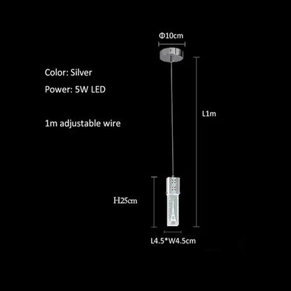 Silver modern pendant light with sleek cylindrical glass body and adjustable wire for versatile bubble crystal led lighting