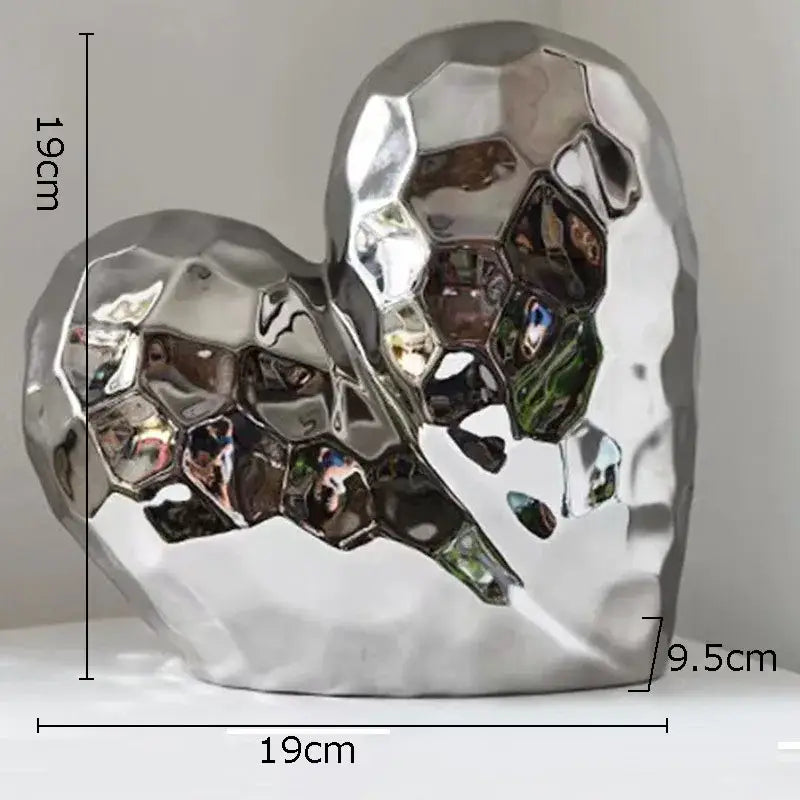 Shiny silver faceted ceramic statue heart decoration for modern home decor by Decorbites golden heart