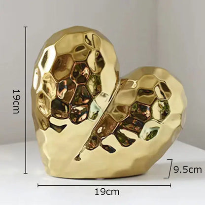 Modern gold faceted ceramic statue featuring a golden honeycomb-patterned heart for elegant home decor and decorbites golden heart collection