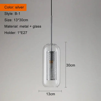Modern gold and silver honeycomb glass pendant light with silver ball glass pendant and perforated metal cylinder design
