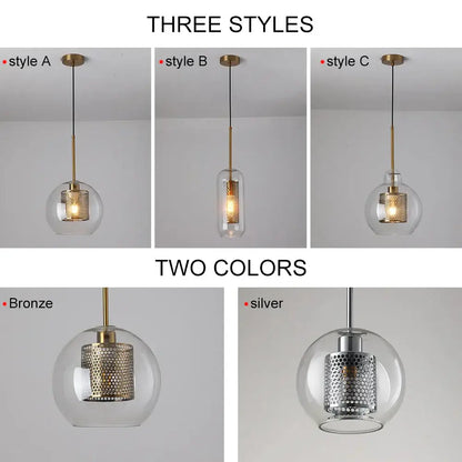 Modern gold and silver honeycomb glass pendant light featuring a clear ball glass pendant with a perforated metal shade