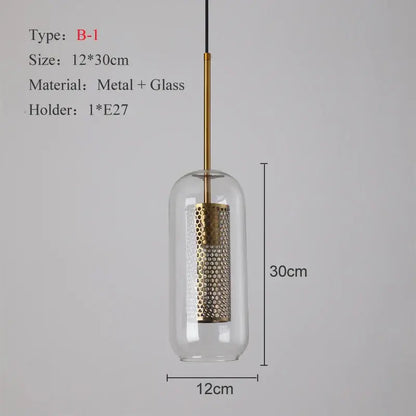 Modern gold and silver honeycomb glass pendant light with clear cylinder and brass rod for kitchen fixture