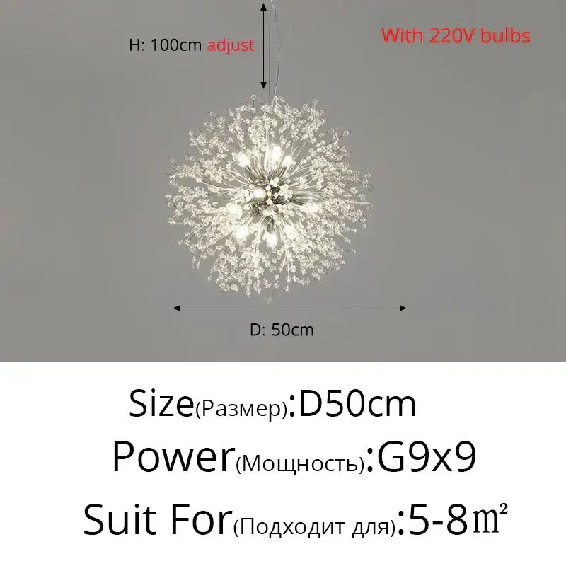 Modern gold silver led crystal chandelier with a sparkling silver dandelion design for 5-8m² space decorbites gold silver