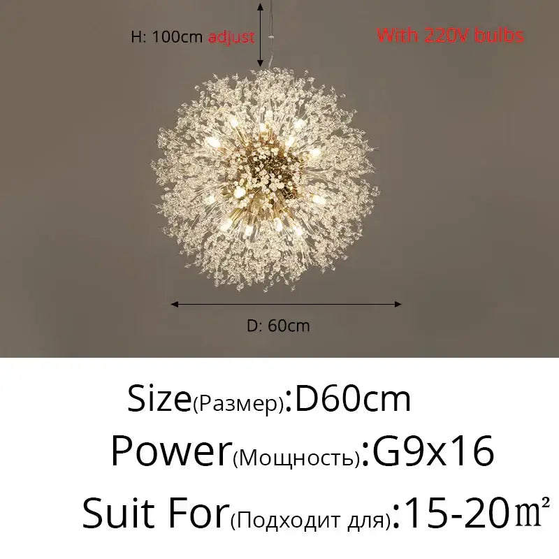 Modern gold silver led crystal chandelier with dandelion design featuring clear glass strands and gold-toned fixture for living room decorbites gold silver