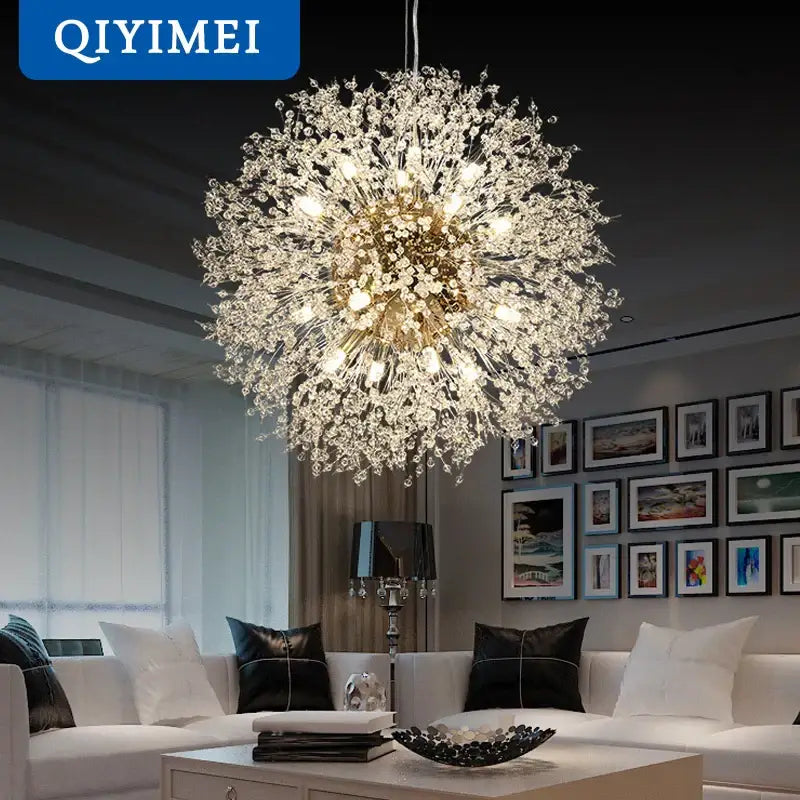 A modern gold silver led crystal chandelier with a golden frame and clear faceted crystals for living room decorbites