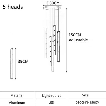 Adjustable aluminum led wind chime with five slender heads as modern gold silver led pendant light for dining room decorbites gold silver