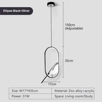 Black and silver ellipse-shaped pendant light with metallic finish zinc alloy frame and acrylic glass panel for lighting area