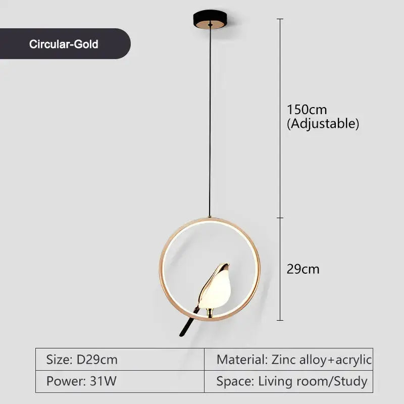 Modern gold pendant light with metallic finish featuring a circular frame and acrylic bird shade with led bulbs for dining room