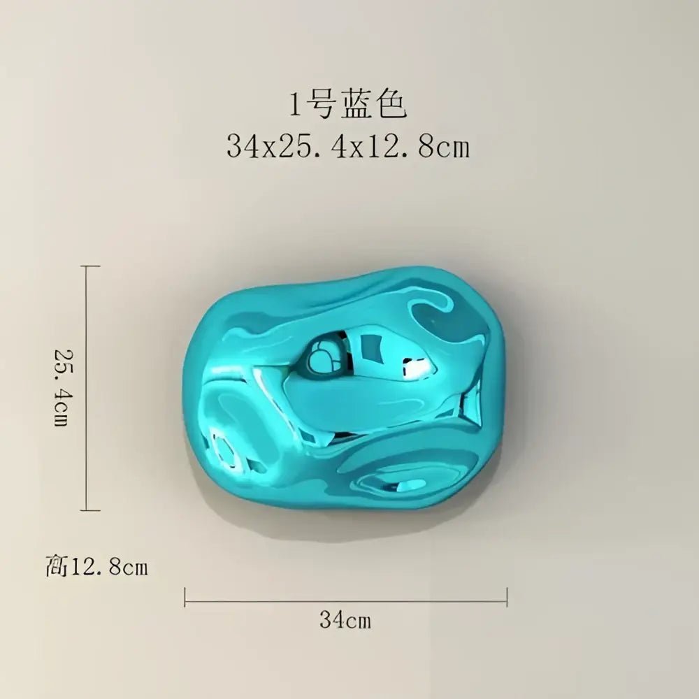 Glossy turquoise blue irregular plastic wall hanging ornament with smooth reflective surface for modern living room decor