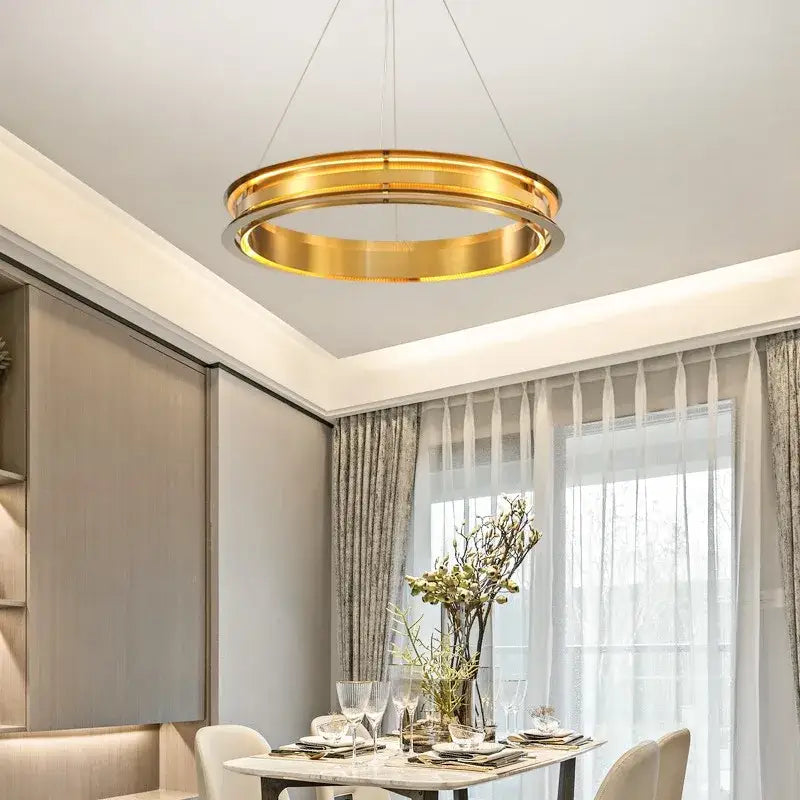 Modern gold ring chandelier with sleek circular gold-toned pendant light for living room decorbites gold ring