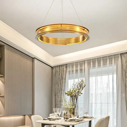 Modern gold ring chandelier with sleek circular gold-toned pendant light for living room decorbites gold ring