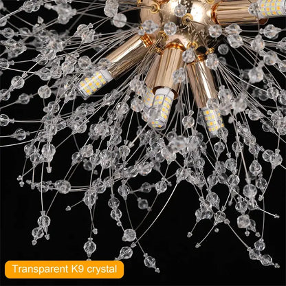 Modern gold and silver sputnik pendant light with k9 crystal beads and integrated led bulbs for elegant decorbites dandelion chandelier