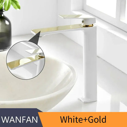 Modern gold single handle basin faucet with white and gold finish and high arc square tap for bathroom use