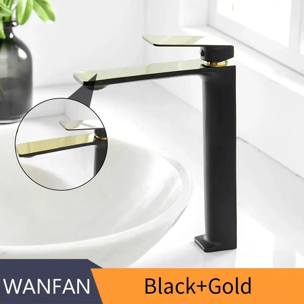 Modern gold single handle basin faucet with black accents high arc square tap for sleek minimalist bathroom decorbites design