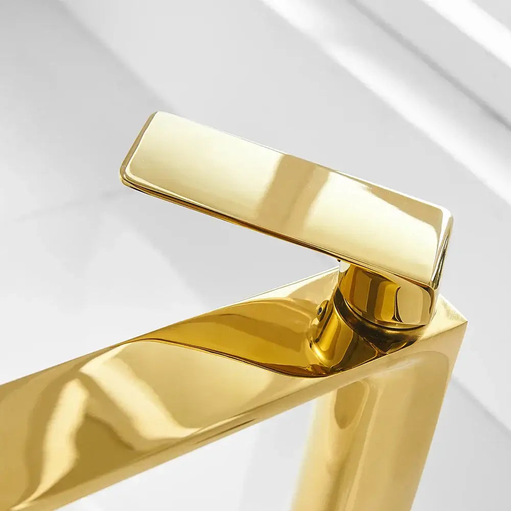 Modern gold single handle basin faucet with a high arc square tap for stylish bathroom decorbites gold single design