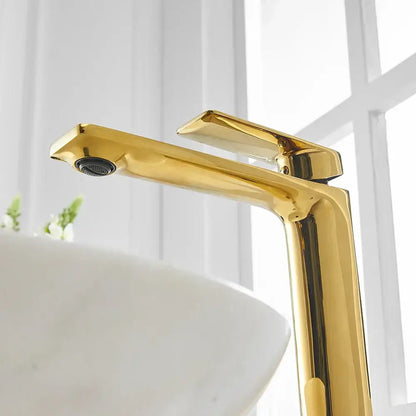 Modern gold single handle basin faucet with high arc square tap and polished metallic finish for bathroom use