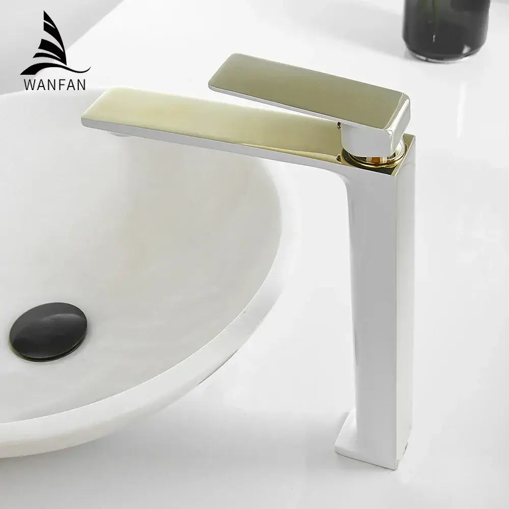 Modern gold single handle basin faucet with white ceramic base and high arc square design for bathroom use