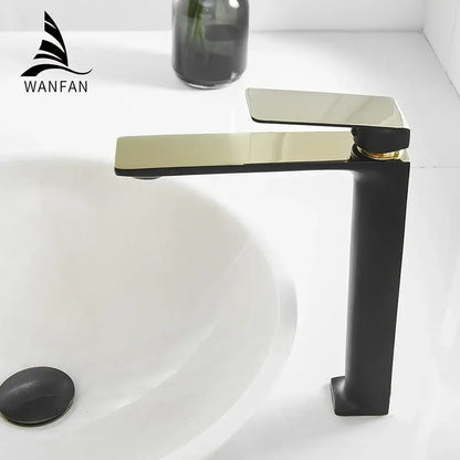 Modern black and gold waterfall basin faucet with single handle and sleek rectangular design for bathroom decorbites gold single