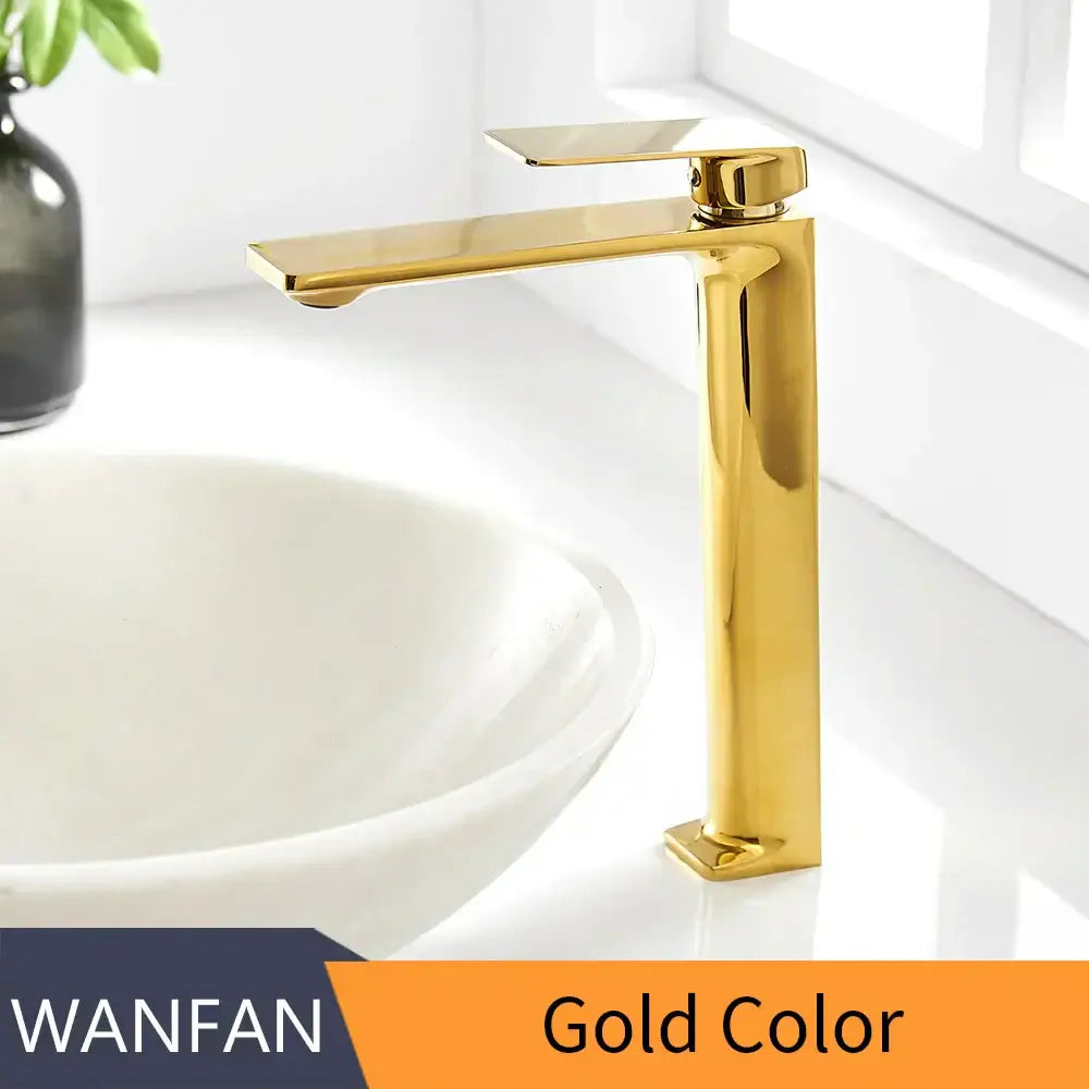 Modern gold single handle basin faucet with high arc square tap and sleek metallic finish for bathroom decorbites gold single