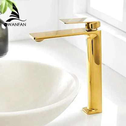 Modern gold single handle basin faucet with high arc rectangular spout and square base by decorbites gold single