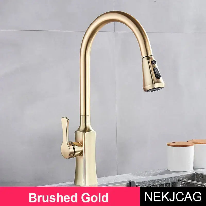 Modern gold single handle kitchen faucet with brushed gold finish and pull down sprayer for kitchen use