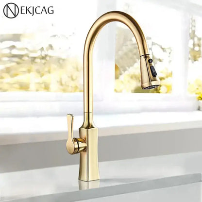 Modern gold single handle kitchen faucet with pull down sprayer and sleek curved spout for kitchen use decorbites gold single