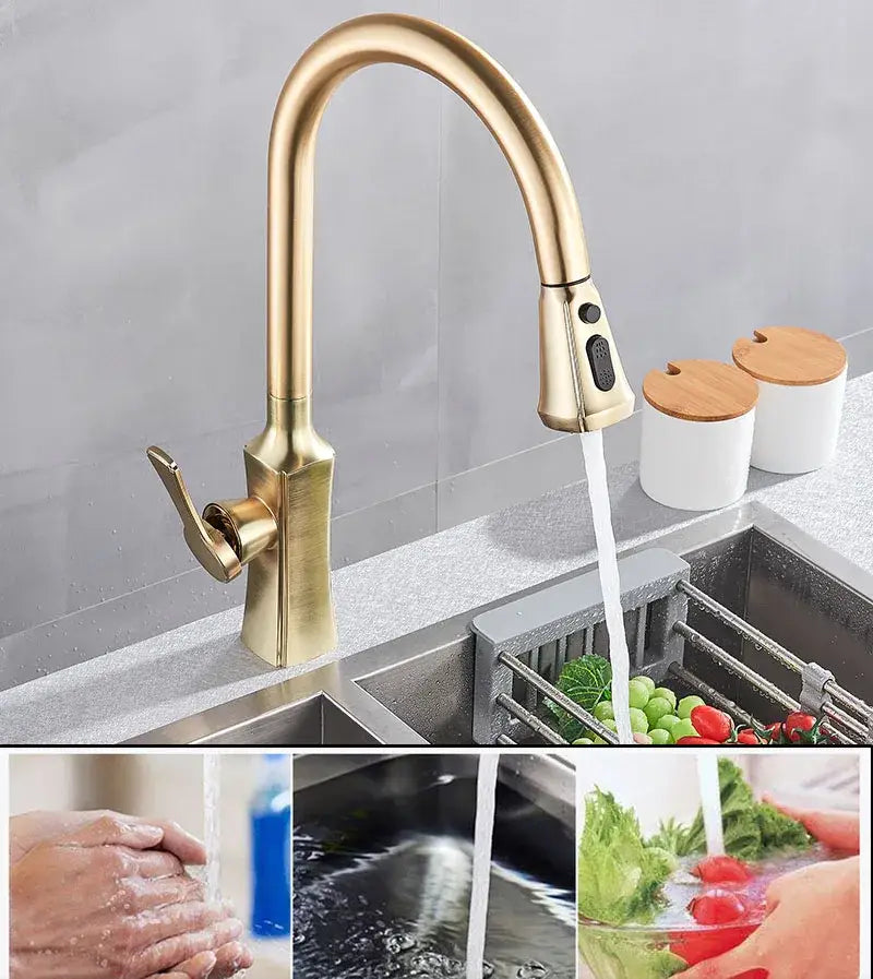 Modern gold single handle kitchen faucet with brass finish, sleek arched spout, and pull-down sprayer by decorbites