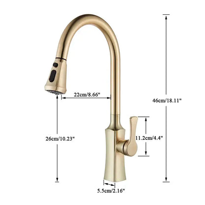 Modern gold single handle kitchen faucet with pull down sprayer and black control buttons by decorbites gold single