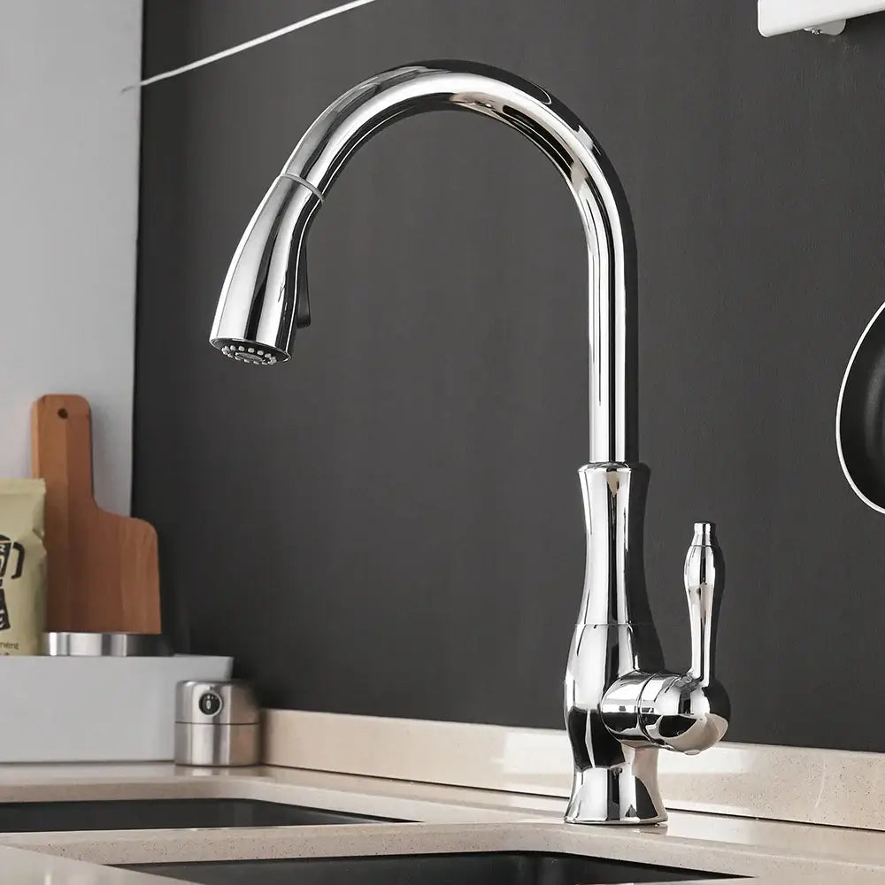 Chrome finished kitchen faucet with sleek arched spout and gold single handle pull out swivel mixer tap by decorbites