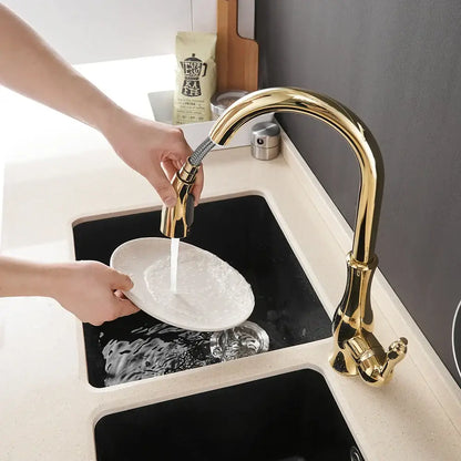 Modern gold single handle pull out kitchen faucet with curved spout and pull-down spray head decorbites gold single handle