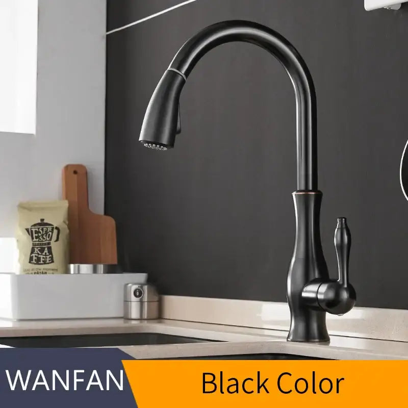 Modern gold single handle pull out kitchen faucet with black matte curved spout and pull-down spray head decorbites gold single handle