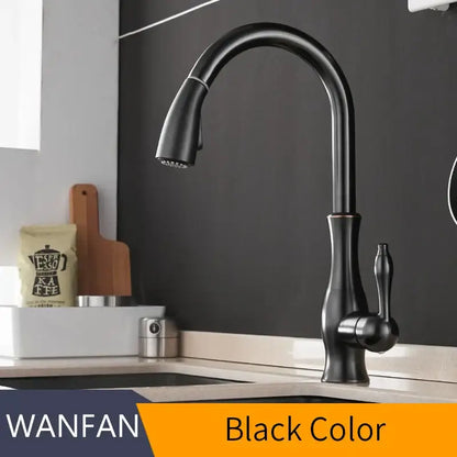 Modern gold single handle pull out kitchen faucet with black matte curved spout and pull-down spray head decorbites gold single handle