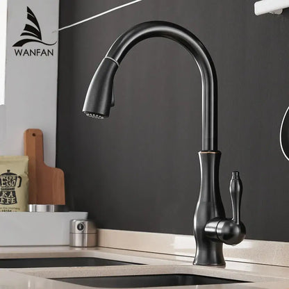Black matte single handle kitchen faucet with curved spout by wanfan in modern gold single handle pull out style