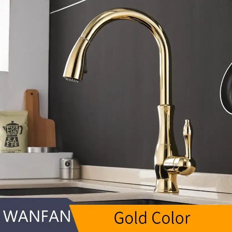 Modern gold single handle pull out kitchen faucet with polished metallic finish and swivel mixer tap by decorbites gold single